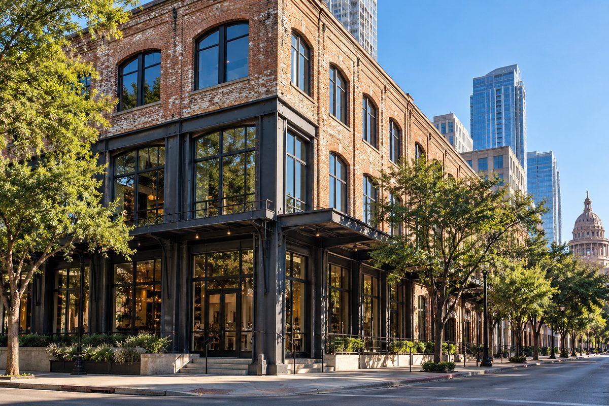 Facade of 308 Brazos Street in downtown Austin Texas.