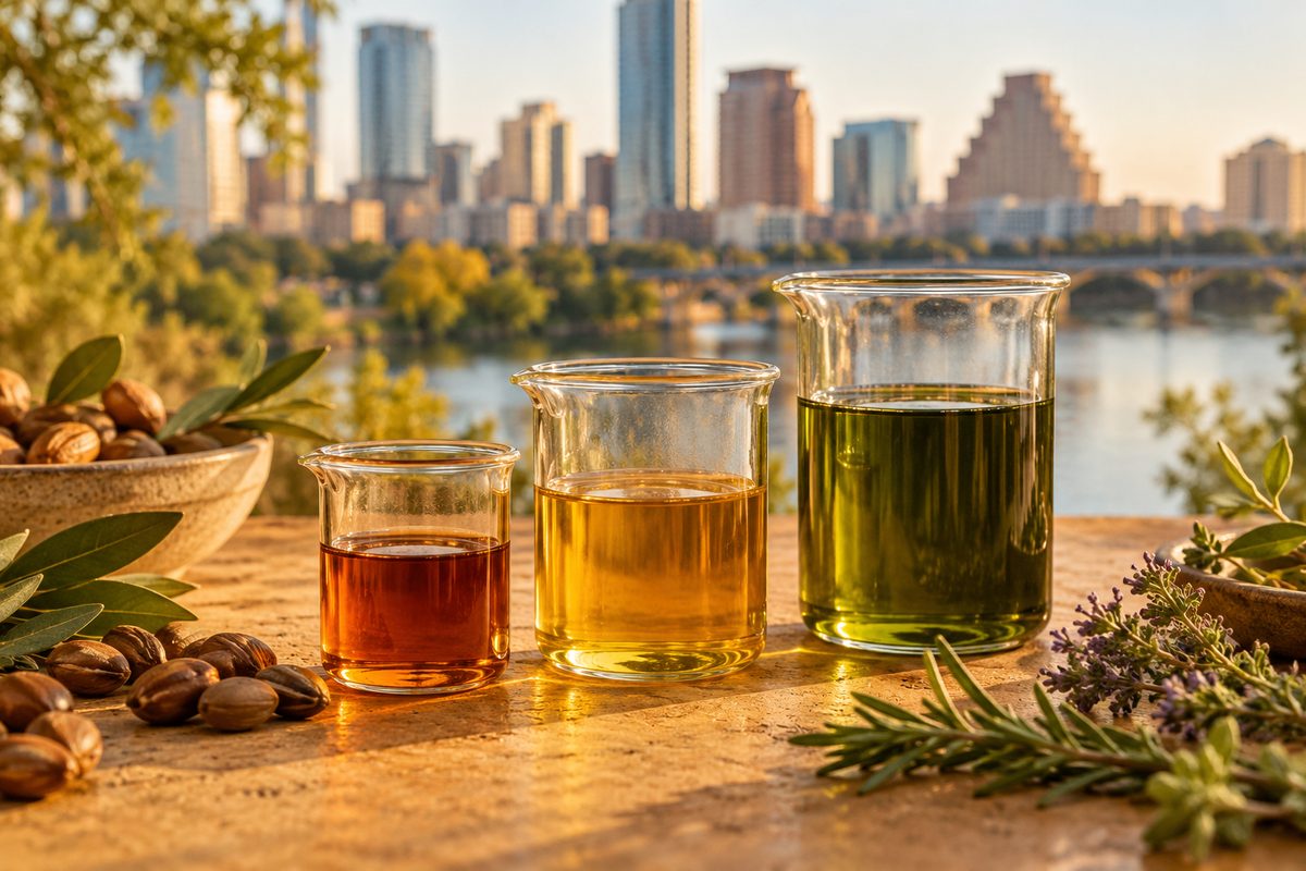 Graduated laboratory beakers holding cold-pressed botanical oils in rich natural hues.