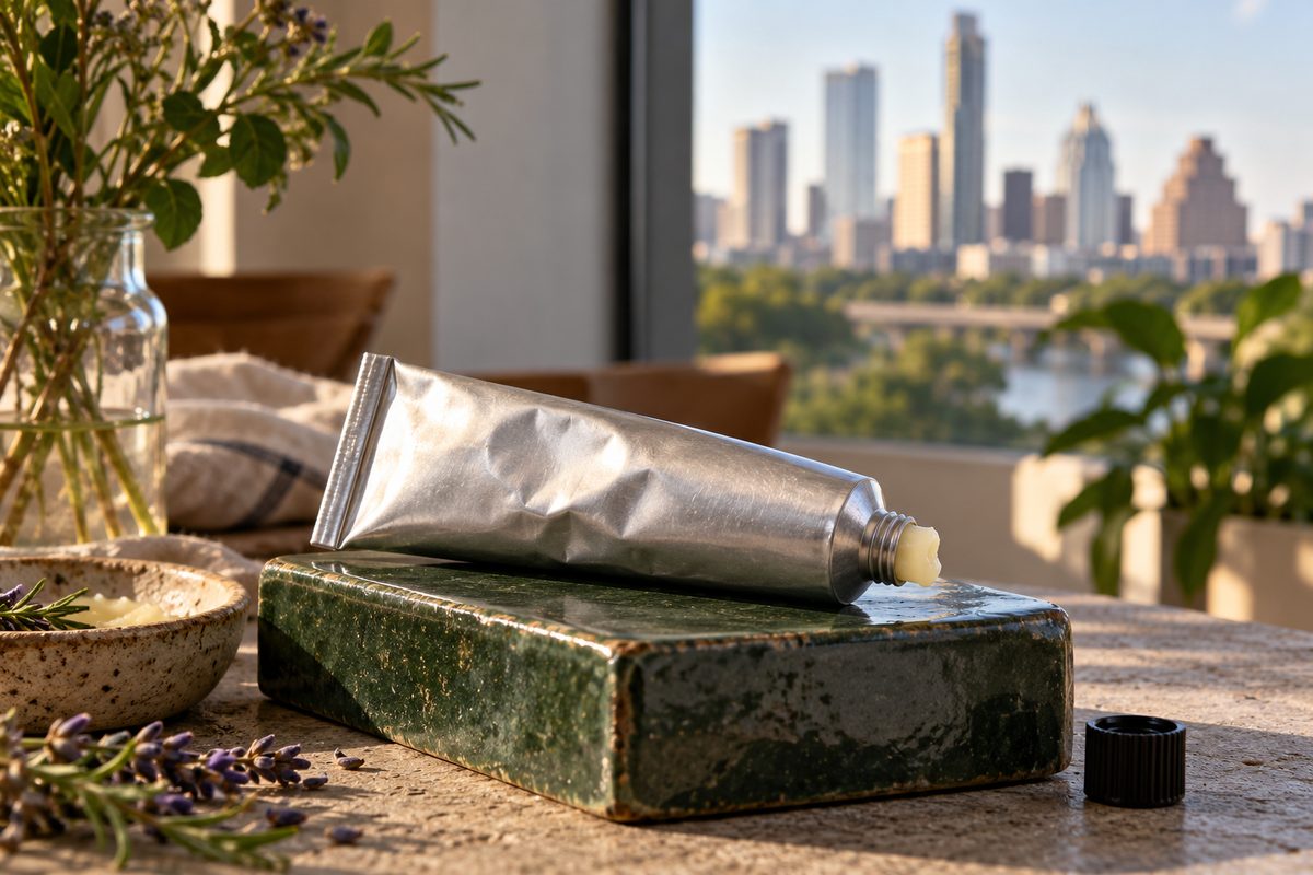 Aluminium tube of Centella Asiatica Calming Recovery Balm on dark ceramic.