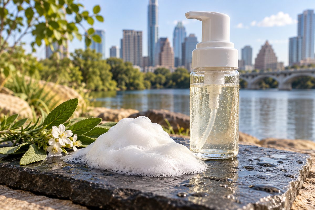 Velvety white cosmetic foam cleanser lathered on a slate dish.
