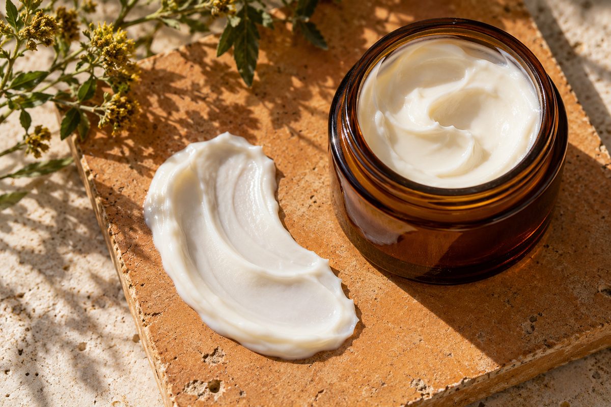 Detailed view of rich facial moisturizing cream texture beside an amber cosmetic container.