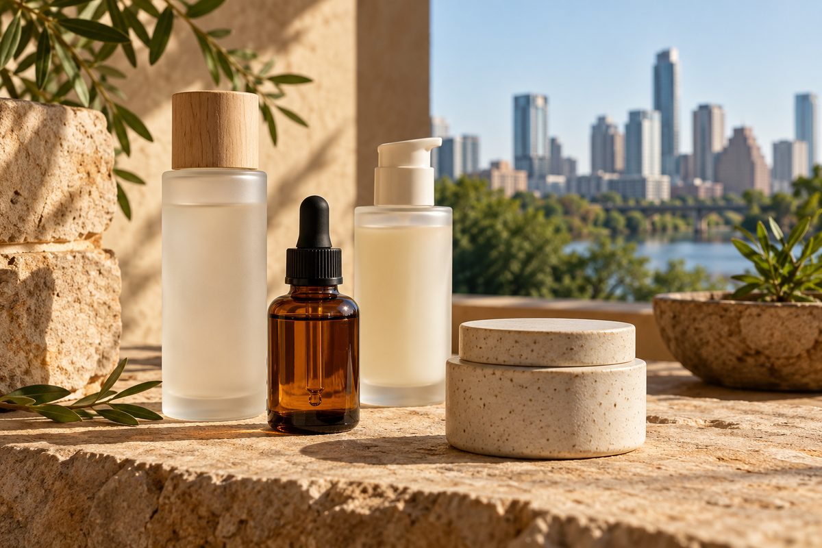 Collection of glass cosmetic serum bottles and cream jars arranged on warm stone surface.