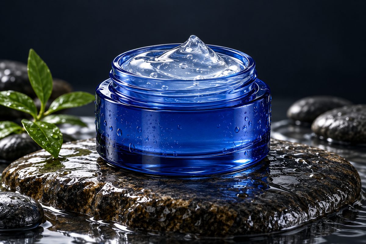 Overnight Glacier Hydration Mask in a cobalt glass cosmetic container.