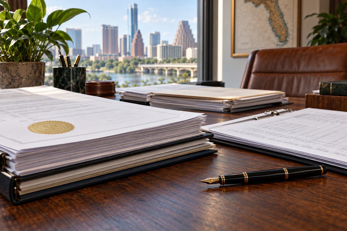 Corporate registration files and quality assurance documentation binders on desk.