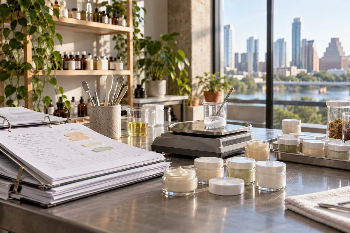 Product management desk in Austin with formula batch sheets and cosmetic samples.