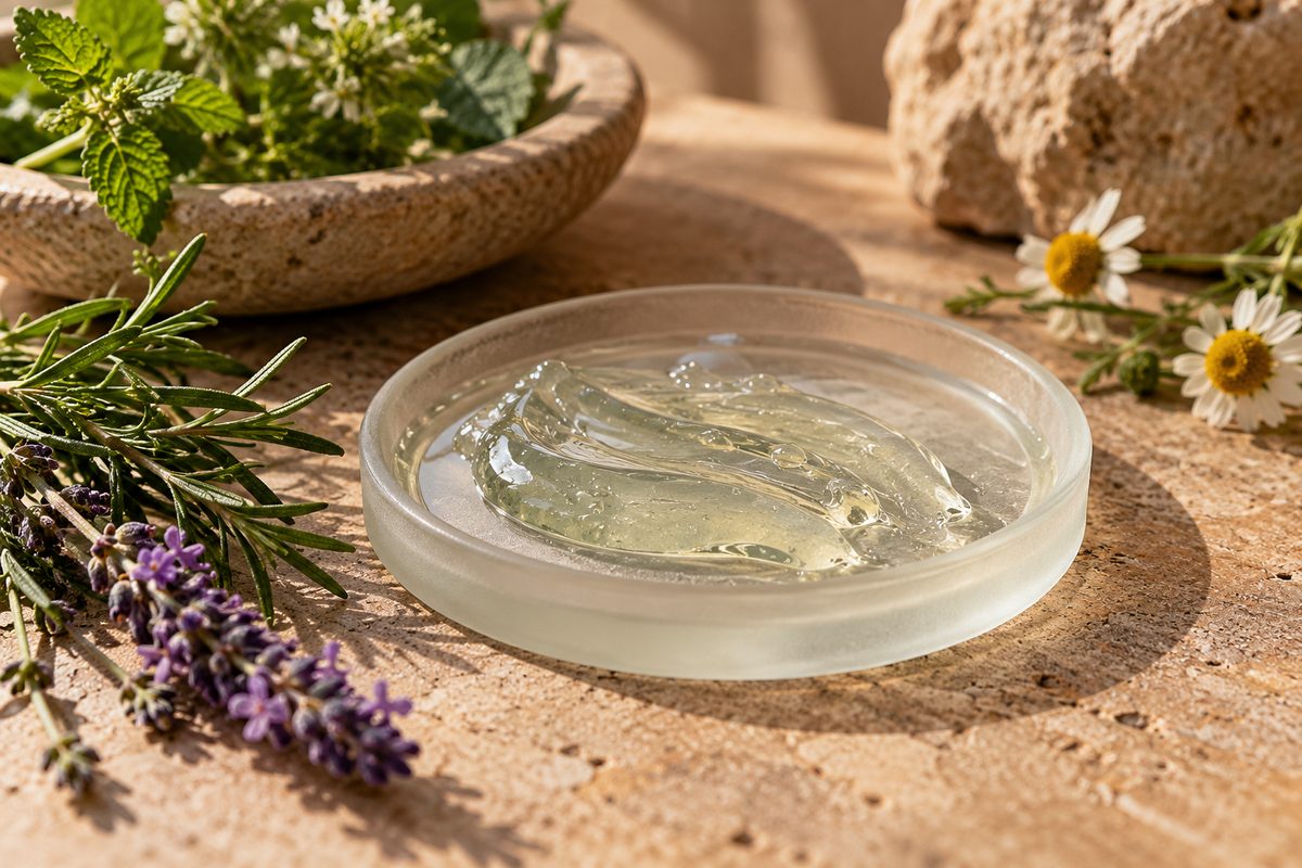 Translucent soothing gel mask spread across a round frosted glass dish.
