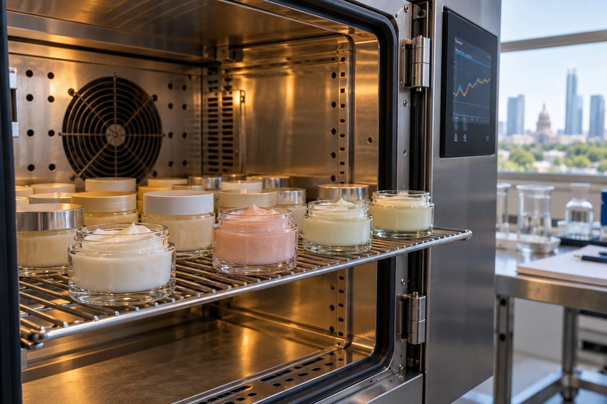 Cosmetic testing jars inside a temperature-controlled laboratory chamber.