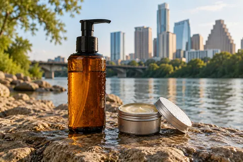Gentle foaming cleanser pump positioned beside sensitive skin calming balm.