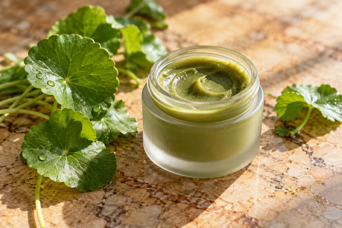 Calming botanical skincare balm next to fresh green centella leaves.