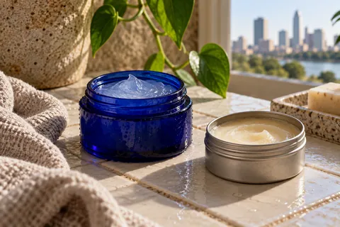 Glacier hydration sleep mask jar displayed alongside calming botanical recovery balm.