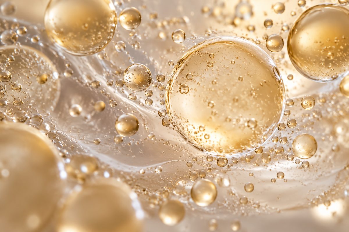 Microscopic detail of stable skincare emulsion droplets under soft backlighting.