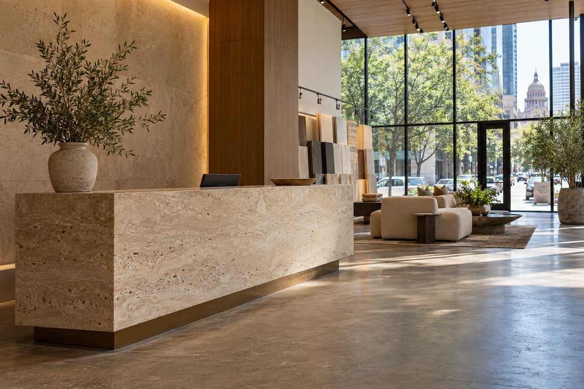 Austin consultation showroom entrance and product reception counter at 308 Brazos Street.